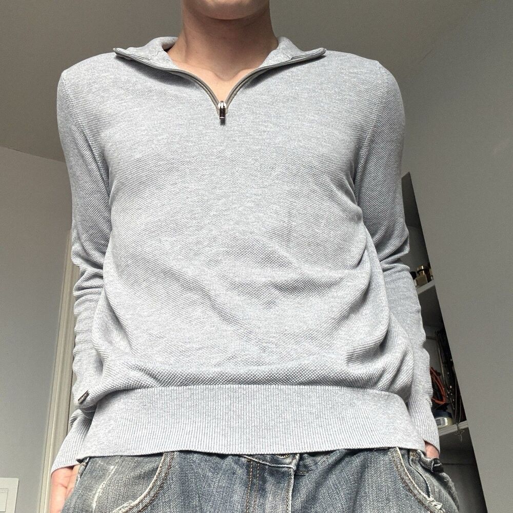 Bugatti Men's Zip Up Waffle Knit Sweater Gray 100% Cotton Full Zip Pullover Sz L